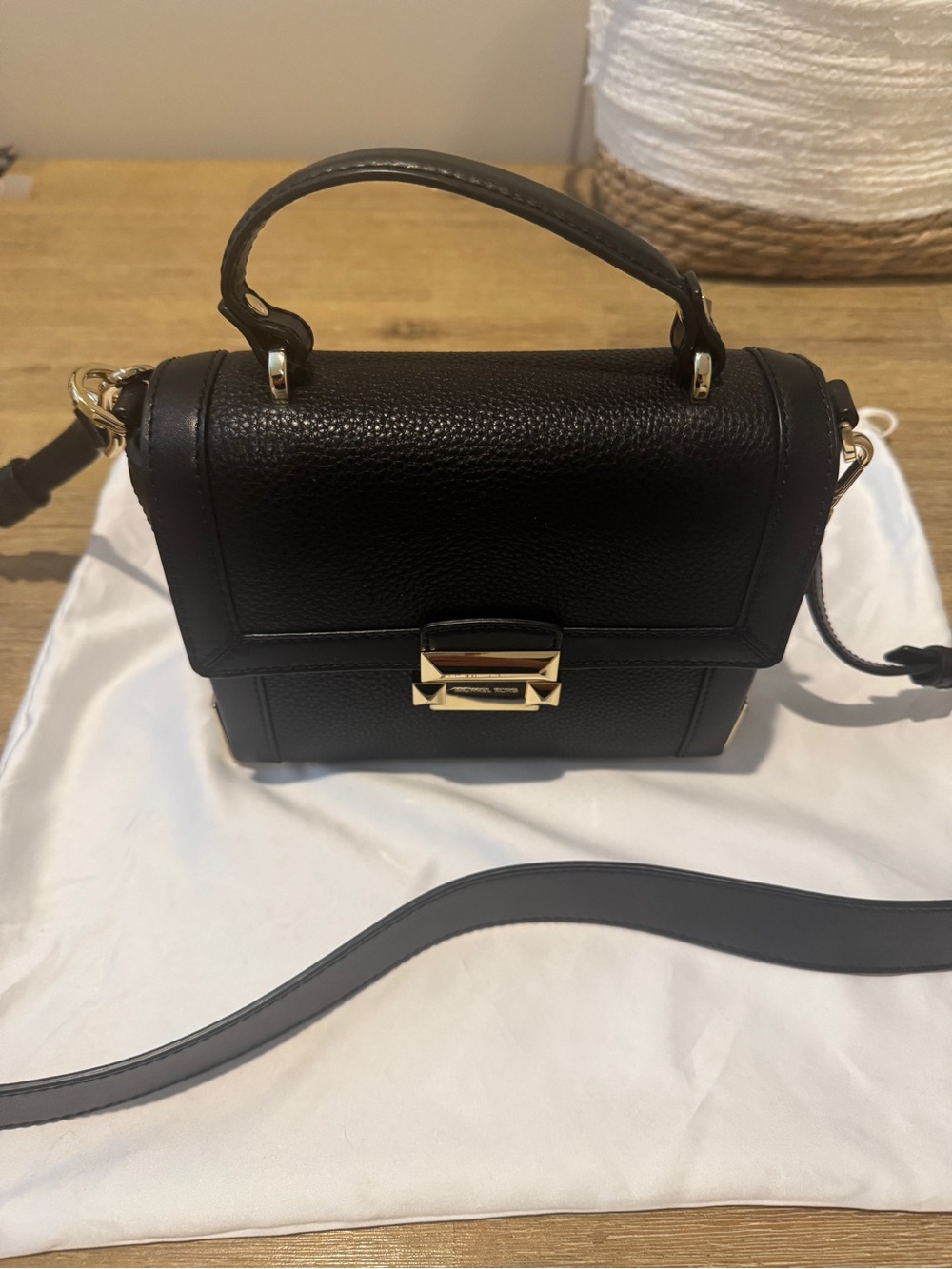 Michael Kors Black Leather Top-Handle Crossbody with Gold Hardware